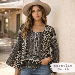 Magnolia South Sheer Boho Print Bell Sleeve Blouse Women Tribal Pattern Top Sz L